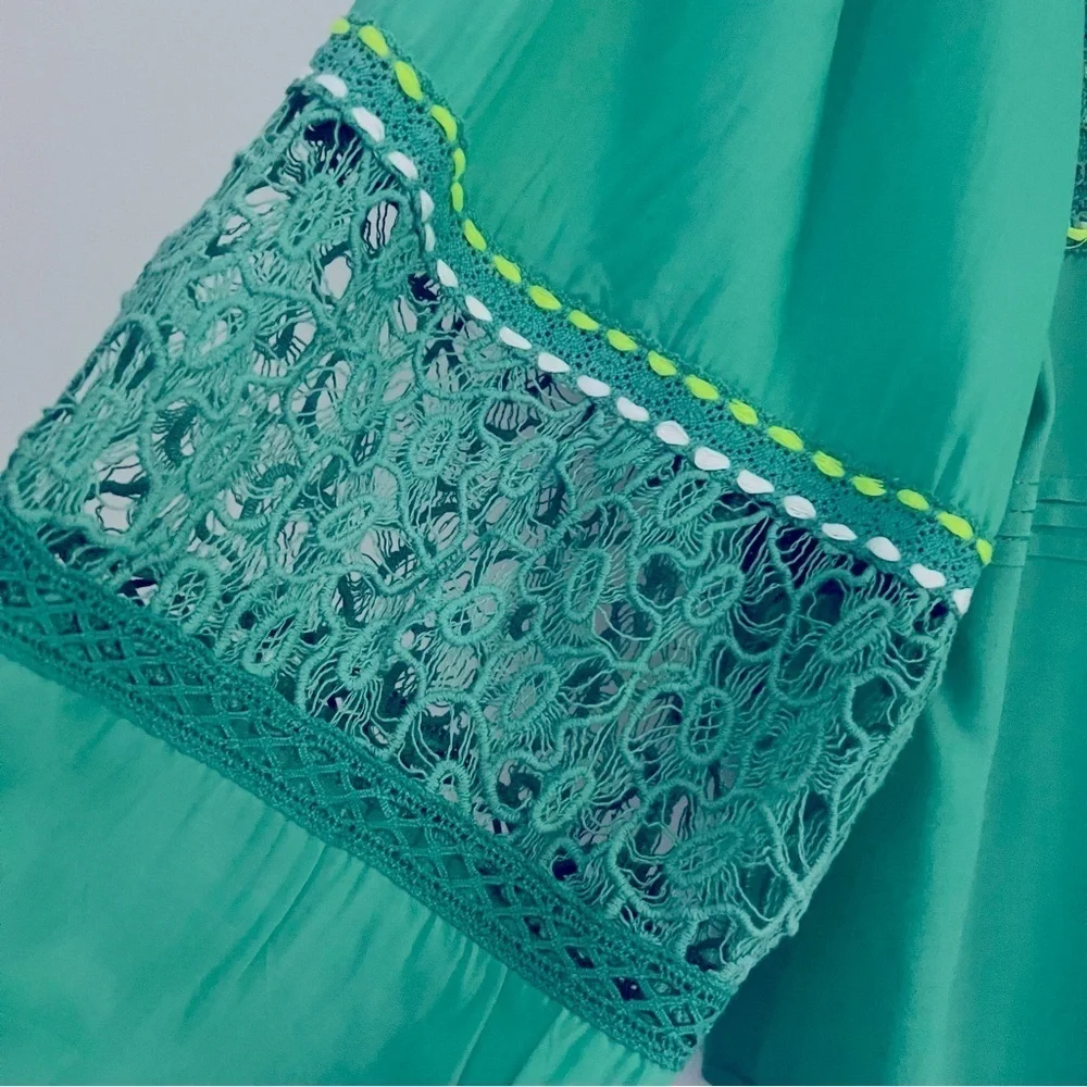 Anthro Blank London Boho Lace Yoke Peasant Blouse Emerald Green Embroidery